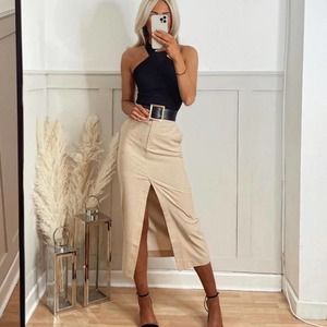 ZARA BLOGGER FAVORITE STRAIGHT CUT STRIPED SKIRT BEIGE